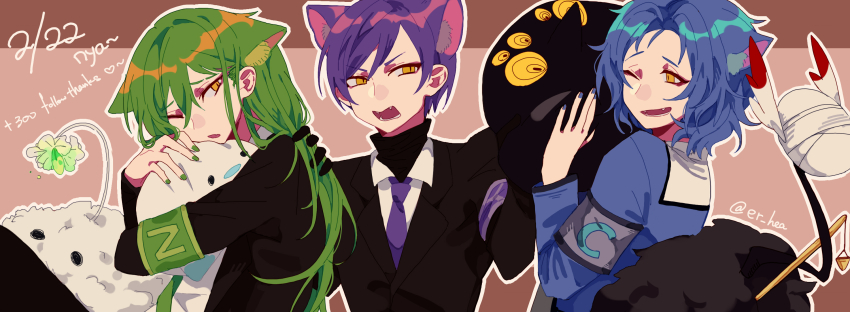 3boys animal_ears armband big_bird_(project_moon) black_gloves black_jacket black_sweater blue_hair blue_jacket blue_nails cat_boy cat_day cat_ears chesed_(project_moon) chinese_commentary collared_shirt commentary_request english_text er_hea eyebrow_cut fang fangs gloves green_armband green_hair green_nails hand_on_another&#039;s_shoulder highres jacket judgement_bird kemonomimi_mode lobotomy_corporation long_hair long_sleeves meat_lantern_(project_moon) multiple_boys necktie netzach_(project_moon) one_eye_closed open_mouth project_moon punishing_bird purple_hair purple_necktie shirt short_hair sweater turtleneck turtleneck_sweater white_shirt yellow_eyes yesod_(project_moon)