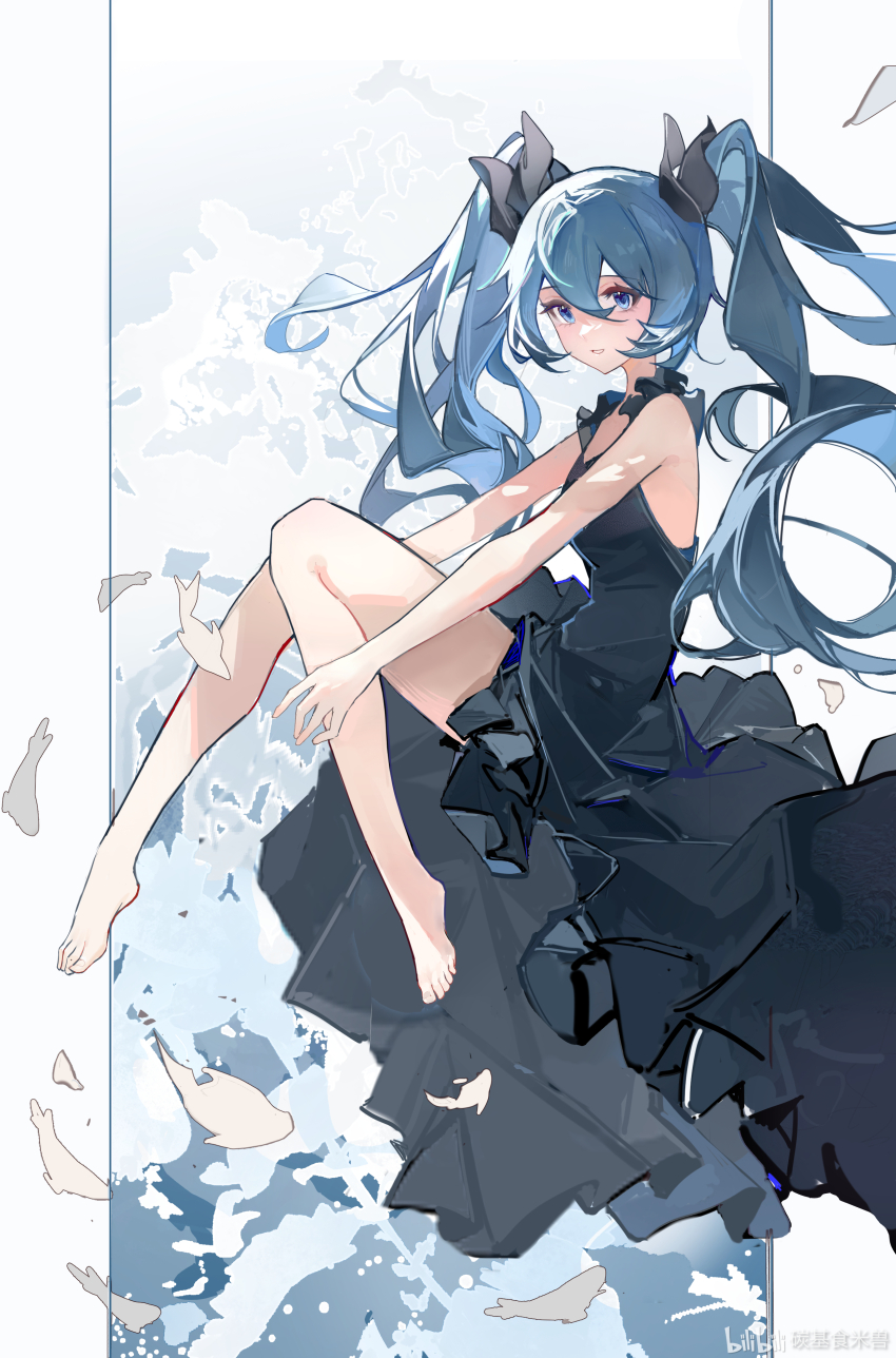 1girl absurdres bare_arms bare_shoulders barefoot bilibili_logo black_dress black_ribbon blue_eyes blue_hair chinese_commentary commentary_request dress feet floating full_body hair_between_eyes hair_ribbon hatsune_miku highres long_hair looking_at_viewer ribbon shinkai_shoujo_(vocaloid) sketch sleeveless sleeveless_dress smile solo tan_ji_shi_mi_shou toes vocaloid watermark