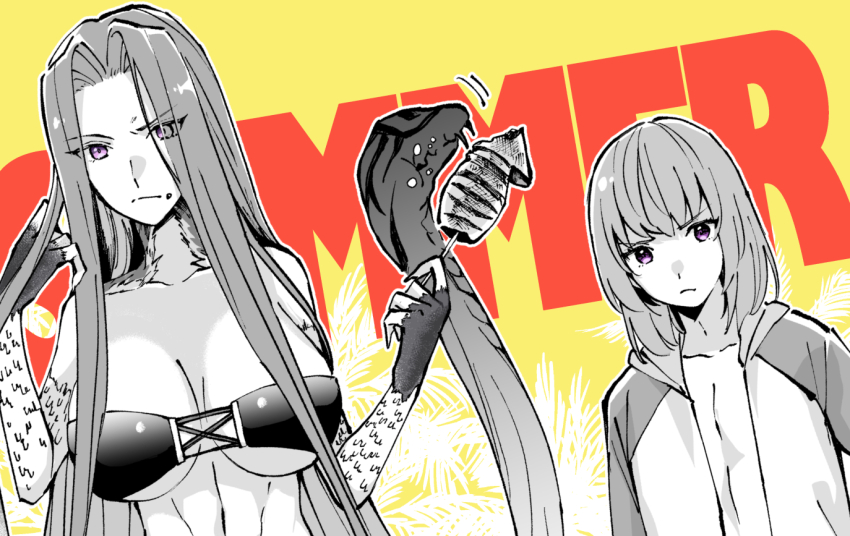 1girl 1other bikini breasts closed_mouth eating english_text enkidu_(fate) fate/grand_order fate_(series) food gorgon_(fate) greyscale_with_colored_background holding holding_food ikayaki jacket kingu_(fate) large_breasts long_hair looking_at_viewer medium_hair medusa_(fate) nuso open_clothes open_jacket outline palm_tree parted_bangs purple_eyes rider scales snake_hair spot_color summer swimsuit tree upper_body very_long_hair white_outline yellow_background