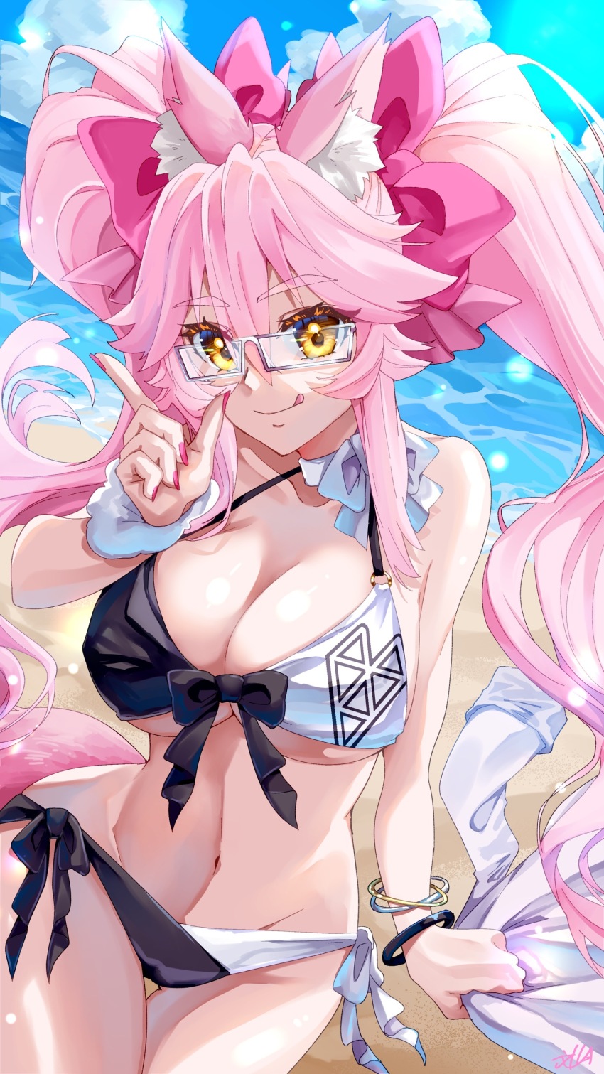1girl absurdres alternate_costume animal_ear_fluff animal_ears beach bikini breasts cleavage cloud commentary_request fate/grand_order fate_(series) fingernails fox_ears fox_girl fumizuki_kazuhito glasses grey-framed_eyewear highres koyanskaya_(fate) large_breasts long_hair looking_at_viewer navel ocean outdoors pink_hair pink_nails sand signature sitting smile solo stomach swimsuit tamamo_(fate) tongue tongue_out twintails very_long_hair water yellow_eyes