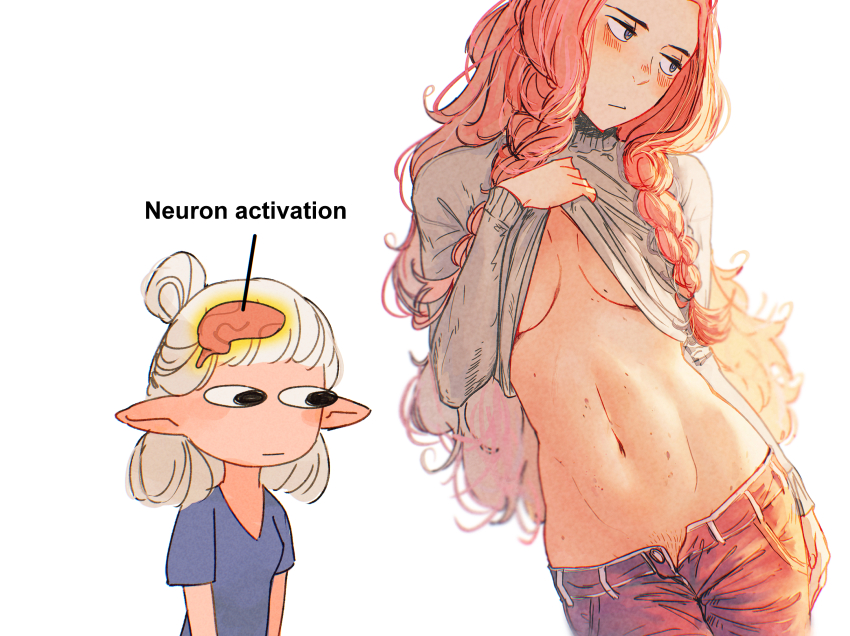 2girls :/ :| abs arms_at_sides asimov_(spindle_(aidenr0)) aura black_eyes blue_eyes blue_shirt blurry blurry_background blush blush_stickers body_freckles braid brain breasts bulging_eyes chibi closed_mouth clothes_lift commentary contrapposto cowboy_shot depth_of_field elf english_commentary female_pubic_hair freckles grey_sweater hair_bun head_tilt highres lifting_own_clothes light_blush long_hair looking_afar looking_at_another looking_to_the_side lowleg lowleg_pants medium_breasts meme midriff multiple_girls navel neuron_activation_(meme) nose_blush open_fly open_pants original pants pink_hair pointy_ears pubic_hair pubic_hair_peek red_pants shirt short_sleeves side_braids simple_background single_hair_bun small_breasts sparse_pubic_hair spindle_(aidenr0) standing sweater sweater_lift t-shirt toned toned_female underboob upper_body white_background white_hair x-ray_vision