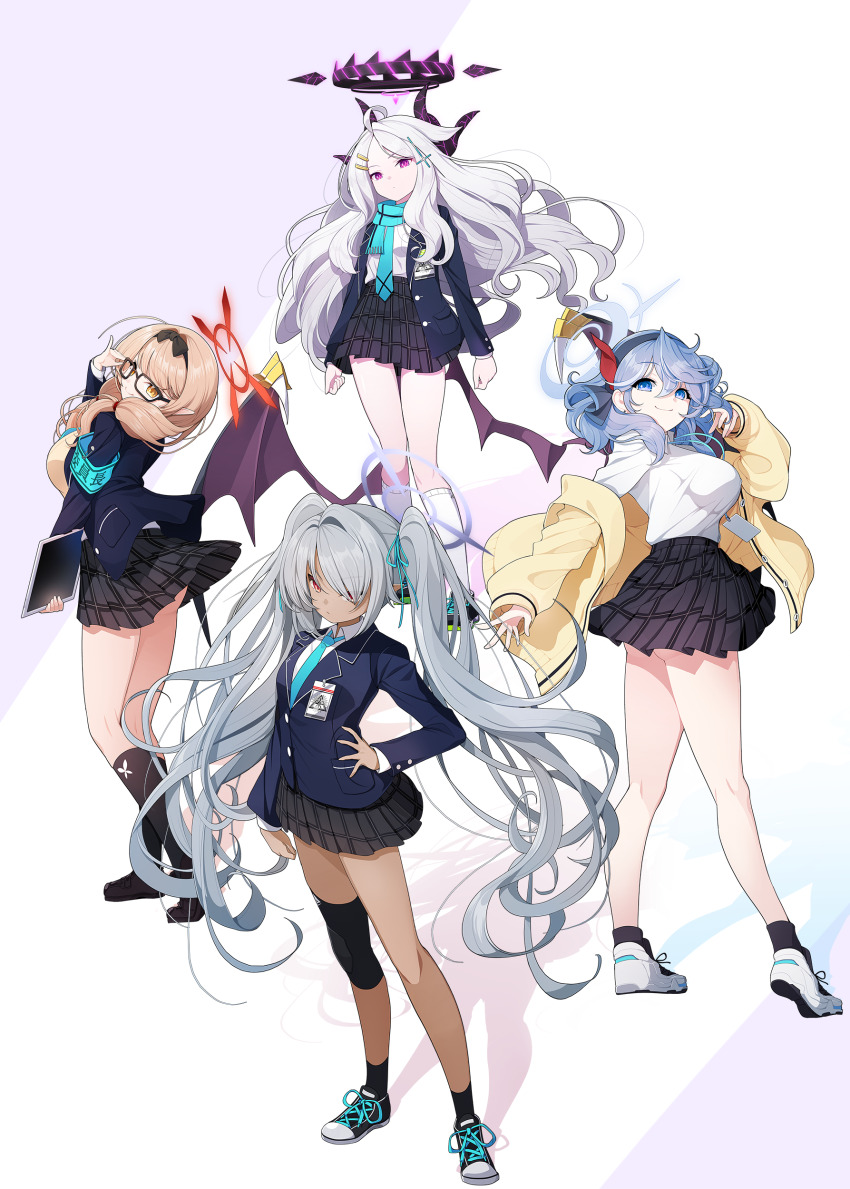 4girls absurdres ahoge ako_(blue_archive) aqua_armband aqua_scarf armband ayane_(blue_archive) ayane_(blue_archive)_(cosplay) black-framed_eyewear black_skirt black_socks blazer blue_archive blue_hair blue_jacket cardigan chinatsu_(blue_archive) collage commentary_request cosplay demon_horns demon_wings full_body glasses grey_hair halo highres hina_(blue_archive) holding holding_tablet_pc horns id_card iori_(blue_archive) jacket koflif long_hair looking_at_viewer multiple_girls multiple_horns no_tail nonomi_(blue_archive) nonomi_(blue_archive)_(cosplay) plaid_clothes plaid_skirt pleated_skirt prefect_team_(blue_archive) scarf school_uniform serika_(blue_archive) serika_(blue_archive)_(cosplay) shiroko_(blue_archive) shiroko_(blue_archive)_(cosplay) shirt_tucked_in skirt smile socks tablet_pc twintails very_long_hair white_socks wings yellow_cardigan