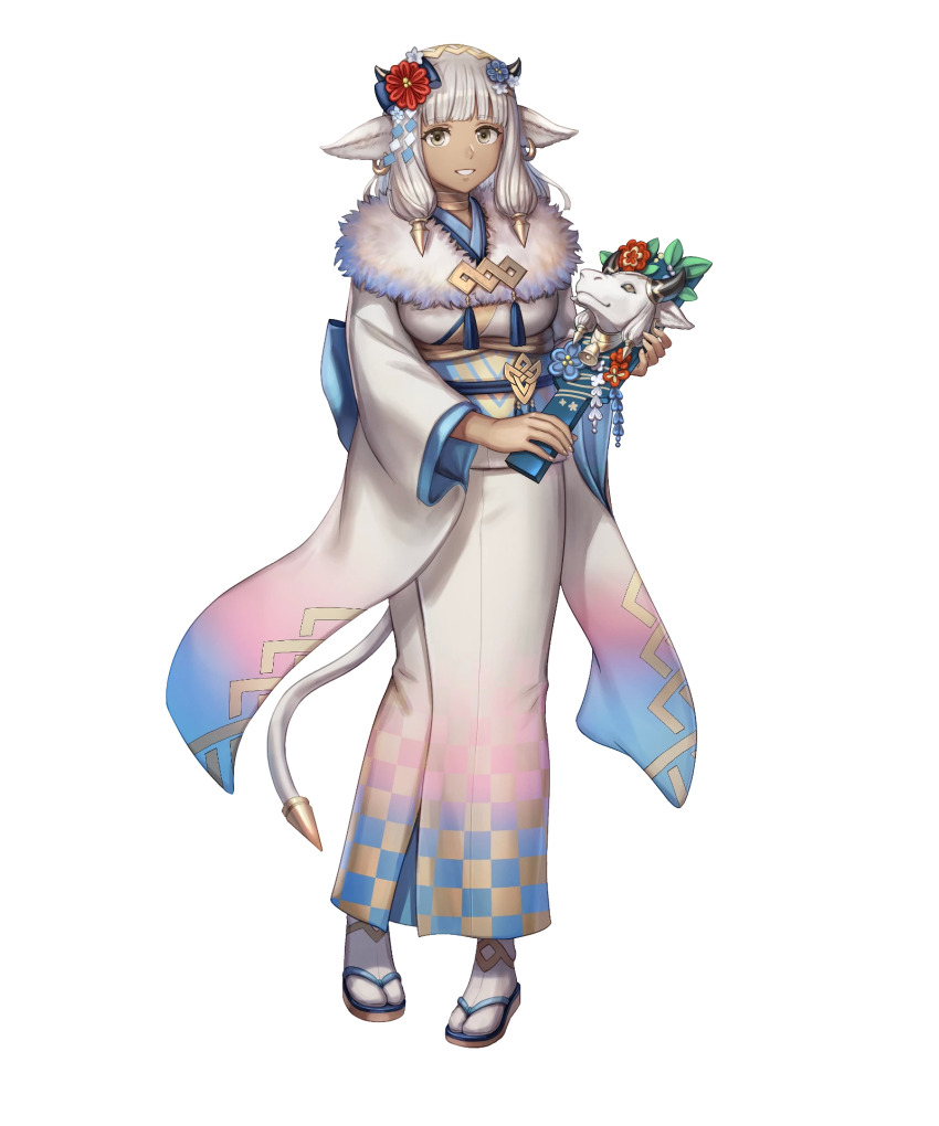 1girl anbe_yoshirou animal_ears ash_(fire_emblem) ash_(new_year)_(fire_emblem) breasts cow_ears cow_horns cow_tail dark-skinned_female dark_skin fingernails fire_emblem fire_emblem_heroes flower full_body fur_trim gradient_background gradient_clothes hagoita hair_ornament hairband highres holding horns japanese_clothes kimono long_hair looking_at_viewer medium_breasts nintendo non-web_source obi official_art paddle parted_lips sandals sash sidelocks smile solo standing tabi tail transparent_background white_hair wide_sleeves yellow_eyes zouri