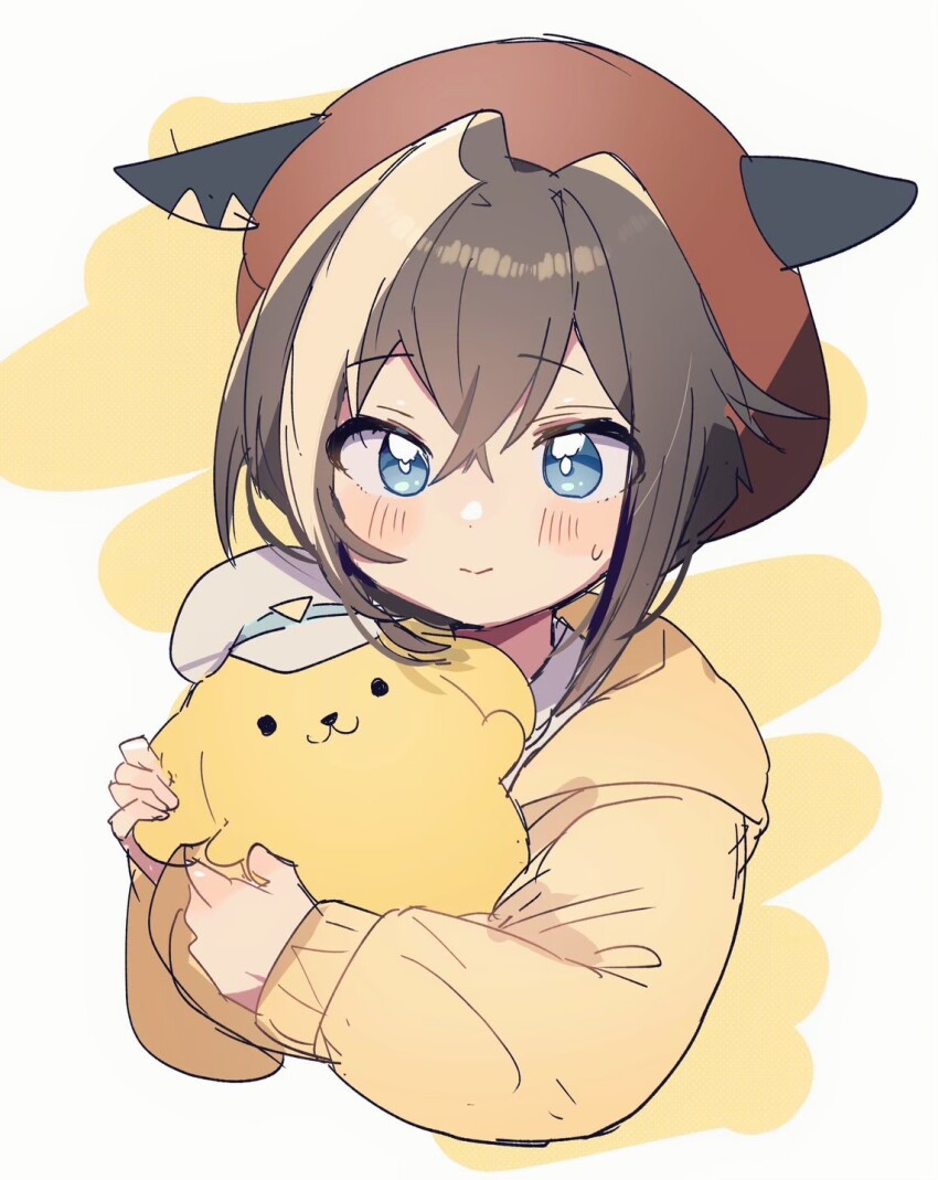 1girl alternate_costume animal_ears beret blue_eyes brown_hair cheval_grand_(umamusume) closed_mouth commentary_request hair_between_eyes hair_ornament hat highres horse_ears medium_hair pompompurin portrait sanrio shirano_akihiro simple_background solo umamusume