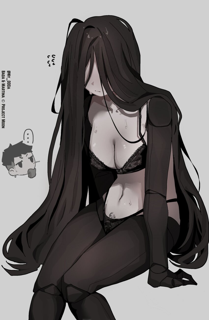 ... 1girl absurdres amputee bada_(project_moon) black_bra black_hair black_panties bra breasts highres lace lace_bra lace_panties large_breasts library_of_ruina long_hair martina_(project_moon) navel ny_000a panties project_moon prosthesis prosthetic_arm prosthetic_leg quadruple_amputee solo_focus speech_bubble underwear very_long_hair