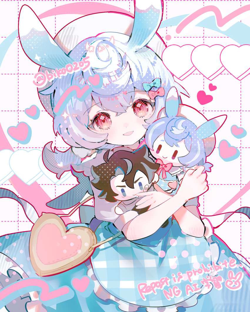 1girl :d animal_ears apron aqua_apron aqua_bow aqua_skirt artist_name bag beret biko0205 blue_hair blush bow character_doll commentary_request crossed_bangs doll frilled_apron frilled_skirt frills genshin_impact gingham gingham_apron gradient_hair grid_background hair_between_eyes hair_bow hair_ornament hat heart heart-shaped_bag highres holding holding_doll looking_at_viewer low_twintails medium_hair multicolored_hair open_mouth pink_bow pom_pom_(clothes) pom_pom_hair_ornament puffy_short_sleeves puffy_sleeves purple_hair red_eyes shirt short_sleeves sidelocks sigewinne_(genshin_impact) skirt smile solo twintails twitter_username waist_apron watermark white_background white_hat white_shirt wriothesley_(genshin_impact)