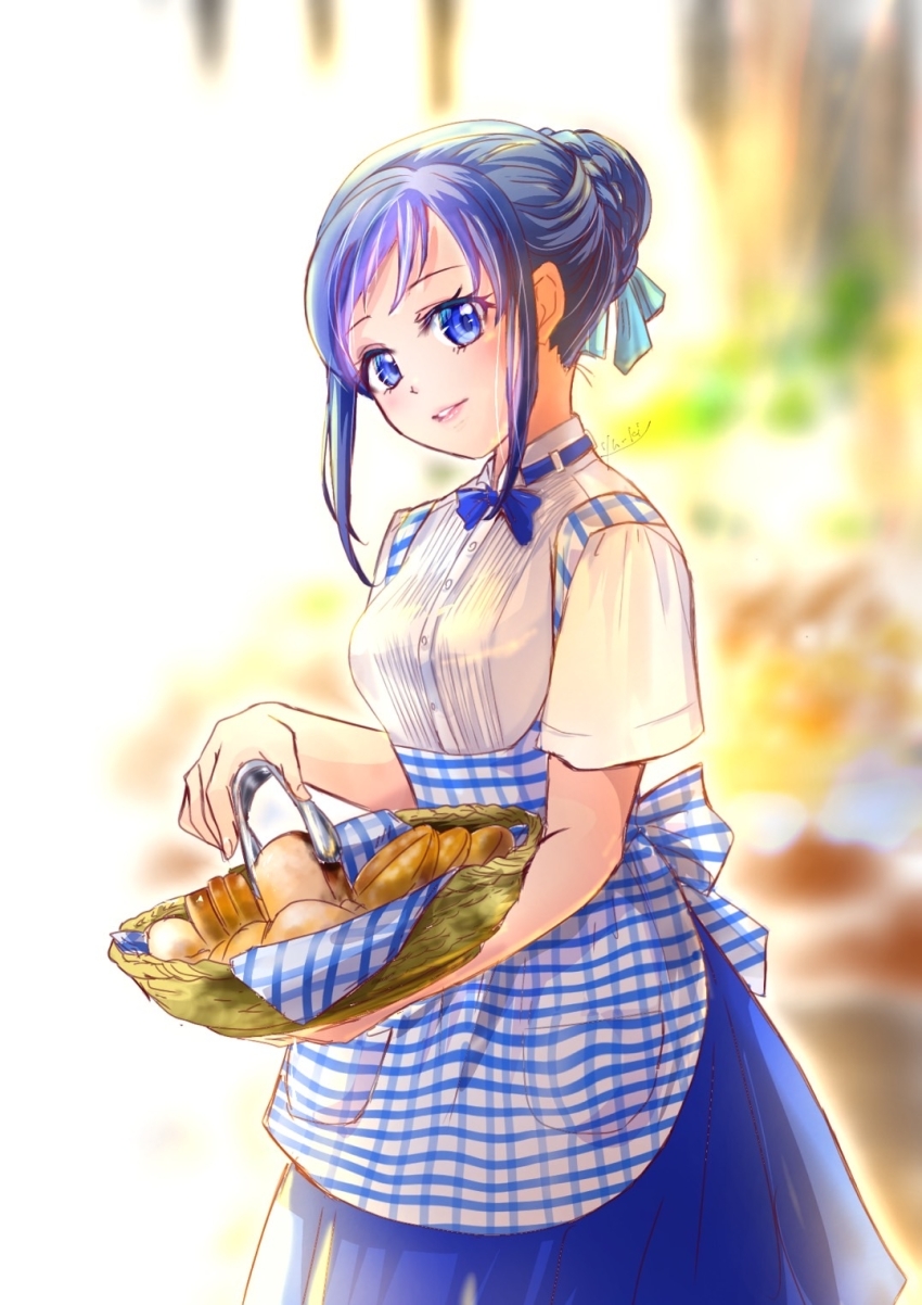 1girl apron basket blue_apron blue_bow blue_bowtie blue_eyes blue_hair blue_skirt blurry blurry_background blush bow bowtie bread breasts checkered_apron checkered_clothes cowboy_shot dokidoki!_precure employee_uniform food gingham gingham_apron gingham_skirt hair_bun high-waist_skirt highres hishikawa_rikka holding holding_basket holding_tongs kobeya_uniform long_hair looking_at_viewer manekineko5319 plaid_apron plaid_clothes pleated_shirt precure precure_all_stars shirt short_sleeves single_hair_bun skirt small_breasts smile solo tongs waitress white_shirt