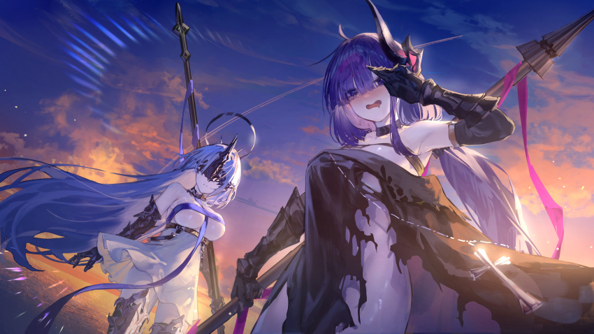 2girls absurdres alsace_(azur_lane) azur_lane black_choker black_dress black_gloves black_halo blue_hair blue_ribbon blush breasts choker dress elbow_gloves evening eye_mask gauntlets gloves hair_spread_out halo highres holding holding_polearm holding_weapon large_breasts long_hair mechanical_halo mogador_(azur_lane) multiple_girls open_mouth outdoors pink_ribbon polearm purple_eyes purple_hair revealing_clothes ribbon short_dress torn_clothes torn_dress very_long_hair weapon white_dress yu_hydra