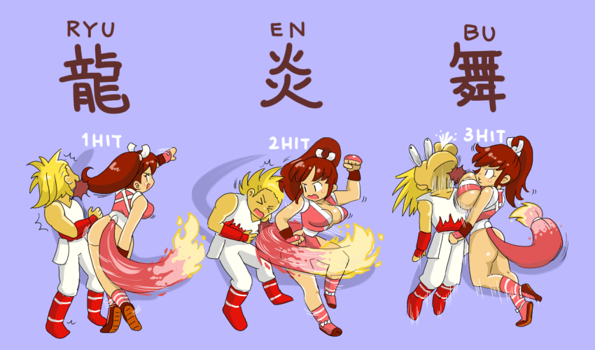 &gt;_&lt; 1boy 1girl andy_bogard ass attack breast_attack breast_slap breasts brown_hair cleavage constricted_pupils fatal_fury feet femdom fighting fingerless_gloves fire gameplay_mechanics gloves japanese_clothes japanese_text large_breasts legs long_hair multiple_views open_mouth pants ponytail puckered_lips shiranui_mai sideboob snk the_king_of_fighters thighs tongue translated turnaround wide-eyed