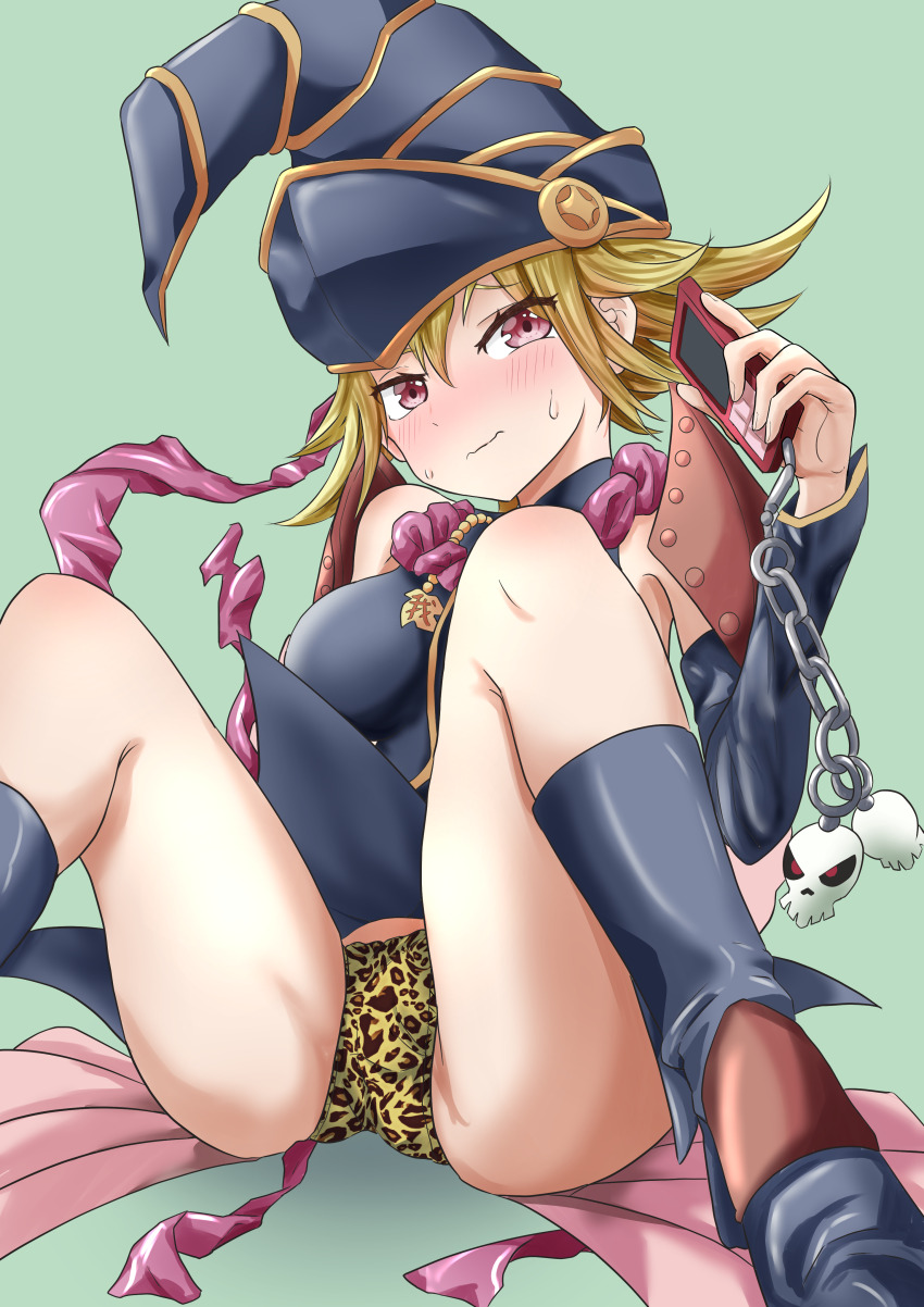 1girl absurdres black_hat blonde_hair blush breasts cellphone chain duel_monster gagaga_girl green_eyes gt_majoyan hat highres holding holding_phone leopard_print_panties medium_breasts medium_hair phone purple_eyes simple_background smartphone solo spread_legs yu-gi-oh!