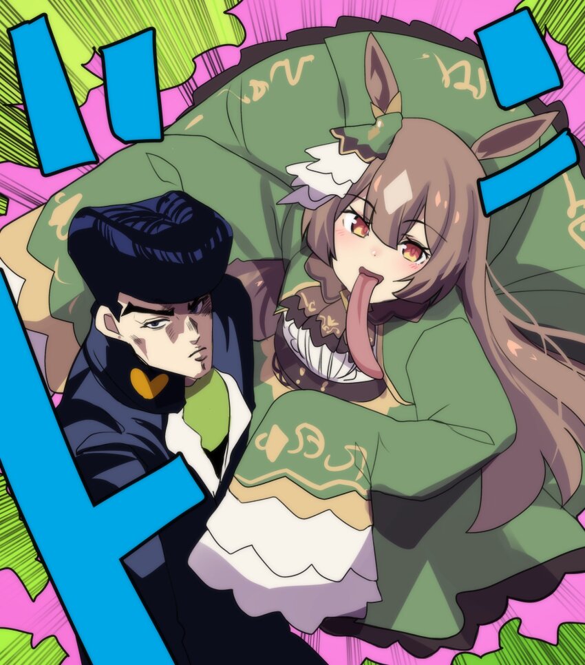 1boy 1girl animal_ears black_hair bow brown_dress brown_hair diamond_wa_kudakenai double-parted_bangs dress ear_ornament ear_ribbon expressionless freaky_satono_diamond_(meme) gakuran higashikata_josuke highres hinghoi horse_ears horse_girl jojo_no_kimyou_na_bouken long_sleeves long_tongue meme pompadour satono_diamond_(umamusume) school_uniform sleeves_past_fingers sleeves_past_wrists stand_(jojo) tongue tongue_out umamusume very_long_tongue
