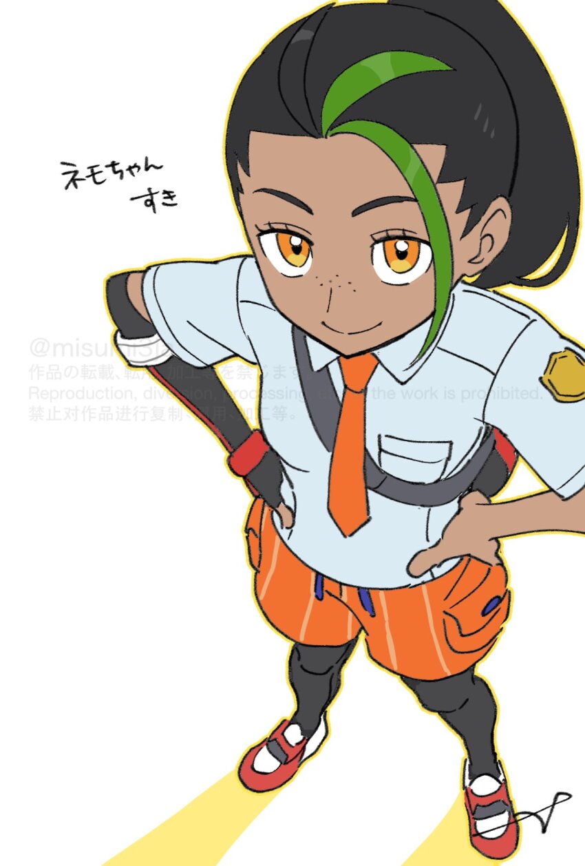1girl backpack bag black_hair black_pantyhose breast_pocket closed_mouth collared_shirt creatures_(company) eyelashes freckles game_freak gloves green_hair hands_on_own_hips highres long_hair multicolored_hair necktie nemona_(pokemon) nintendo orange_eyes orange_necktie orange_shorts pantyhose pantyhose_under_shorts pocket pokemon pokemon_sv ponytail sankaku school_uniform shirt shoes short_sleeves shorts single_glove smile solo twitter_username two-tone_hair watermark white_shoes