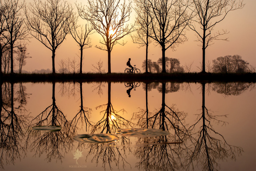 artist_request bicycle biker child commentary commentary_request english_commentary highres lake lightning original outdoors reflection scenery serenity silhouette sunrise sunset water