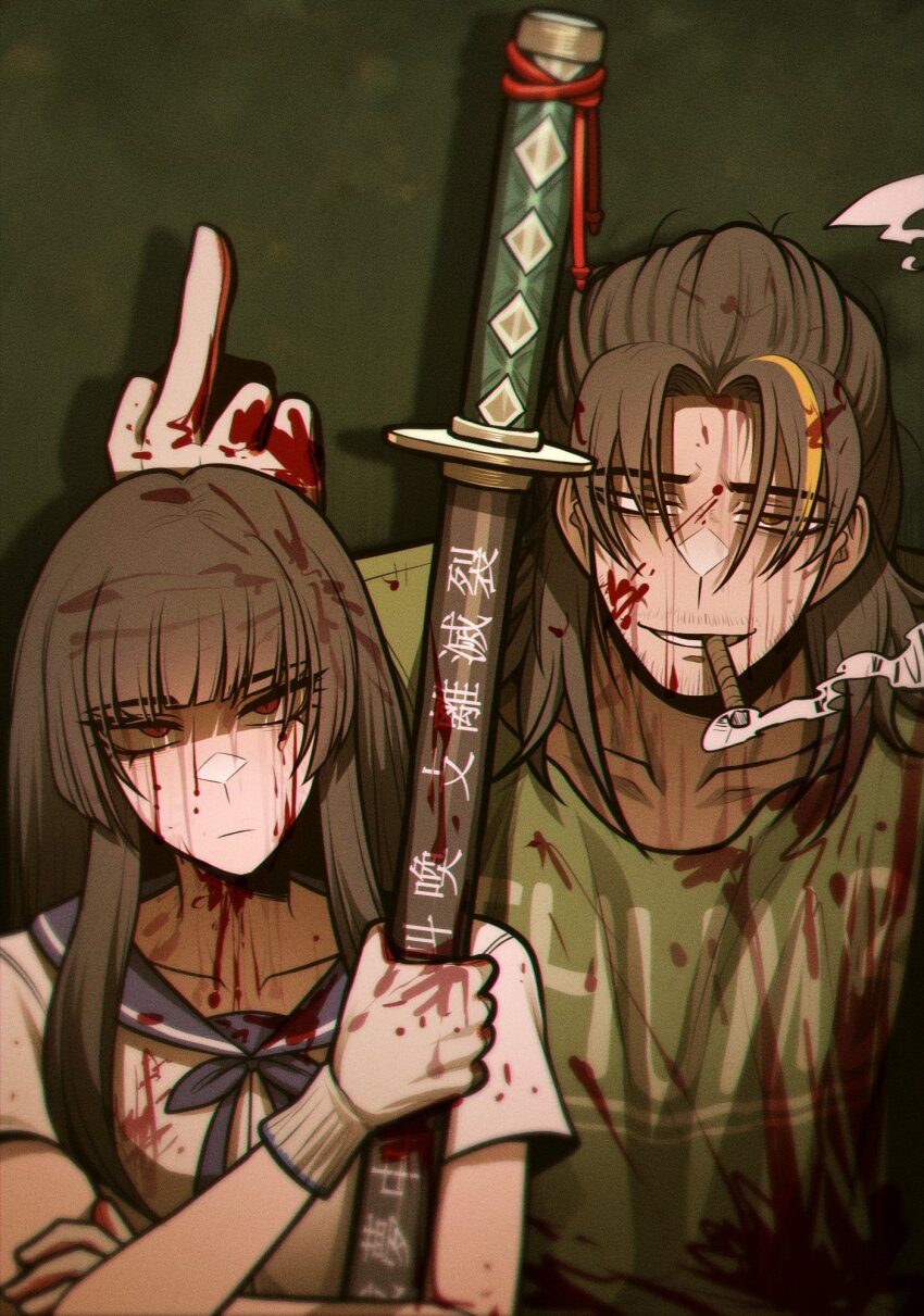 1boy 1girl black_hair blonde_hair blood blood_in_hair blood_on_clothes blood_on_face blunt_bangs blunt_ends green_background green_shirt highres holding holding_sword holding_weapon lei_heng_(project_moon) limbus_company long_hair looking_at_viewer middle_finger misg1111 multicolored_hair ootachi open_mouth parted_bangs project_moon red_eyes ryoshu_(project_moon) shirt sidelocks simple_background smile smoke smoking streaked_hair sword upper_body very_long_hair weapon