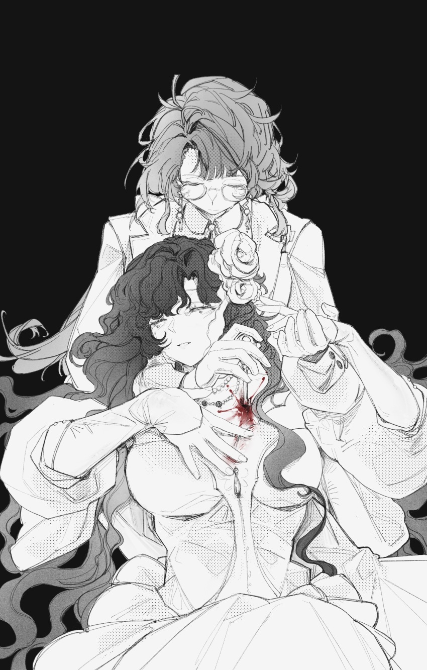 2girls absurdres black_background blood blood_on_chest breasts cherry_(cherryyingmo) closed_eyes collared_shirt dress eyewear_strap facing_another flower glasses gloves gown greyscale hair_flower hair_ornament highres holding holding_hands holding_key isolde_(reverse:1999) jacket jewelry juliet_sleeves kakania_(reverse:1999) key long_hair long_sleeves lying lying_on_another medium_breasts monochrome multiple_girls necklace on_back pearl_necklace puffy_sleeves reverse:1999 round_eyewear shirt spot_color stab upper_body wavy_hair yuri