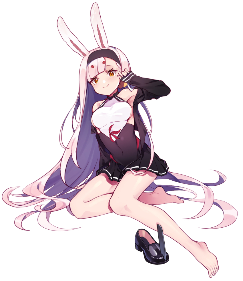 1girl animal_ears armpit_peek azur_lane bare_legs bare_shoulders barefoot black_cardigan black_dress black_shoes breasts cardigan dress female_focus full_body hairband halter_dress halterneck hand_on_own_face highres long_hair long_sleeves looking_at_viewer medium_breasts open_cardigan open_clothes orange_eyes parted_bangs pink_hair rabbit_ears sharlorc shimakaze_(azur_lane) shoes short_dress sideboob simple_background sitting sleeves_past_wrists smile solo toenails unworn_shoes very_long_hair white_background yokozuwari
