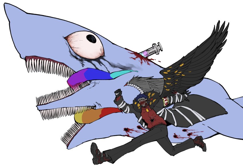 1other arm_up armband asymmetrical_wings black_eyes black_gloves black_pants black_shoes black_wings blood blue_hair clenched_hand e.g.o_(project_moon) employee_(project_moon) extra_mouth gloves highres lobotomy_corporation mask mismatched_wings nugget_(project_moon) pants project_moon red_sweater running shoes simple_background sweater syringe the_dreaming_current twilight_(e.g.o) white_background white_wings wide-eyed wings yatsumeunagi