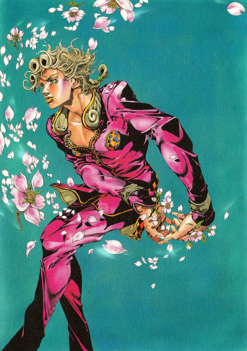 1boy absurdres araki_hirohiko blonde_hair braid cherry_blossoms feet_out_of_frame flower giorno_giovanna high_collar highres jacket jojo_no_kimyou_na_bouken jojo_pose ladybug_ornament makeup male_focus non-web_source official_art pants pectoral_cleavage pectorals petals pink_jacket pink_pants redrawn solo traditional_media vento_aureo wing_ornament