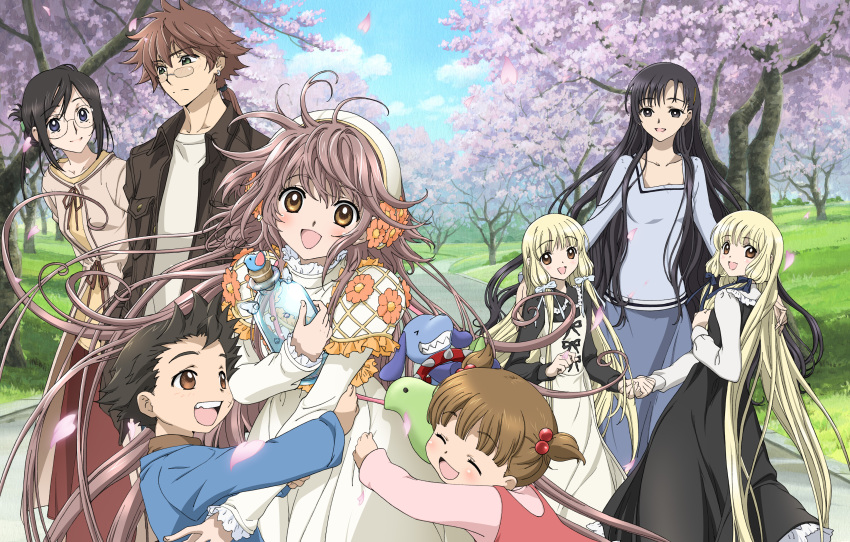 00s 6+girls absurdres black_hair blonde_hair blush bottle bow brown_eyes brown_hair casual cherry_blossoms child closed_eyes cloud day dog dress female_focus fujimoto_kiyokazu glasses green_eyes grin hair_bobbles hair_bow hair_ornament hanato_kobato hat highres holding_hands ioryogi katou_hiromi kobato. long_hair marina_(kobato.) mihara_chiho mihara_chise mihara_chitose multiple_girls non-web_source okiura_sayaka open_mouth petals ponytail purple_eyes short_hair short_twintails siblings sisters sky smile stuffed_animal stuffed_toy toshihiko toshihiko_(kobato.) twins twintails very_long_hair