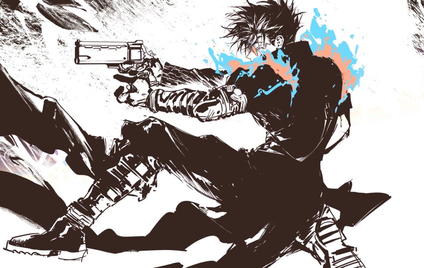1boy agl_arms_.45_long_colt boots break-action_revolver coat earrings full_body glasses greyscale gun handgun highres holding holding_gun holding_weapon jewelry long_coat long_sleeves low_bore_axis_revolver male_focus monochrome on_one_knee pants profile revolver round_eyewear sakanaokashi short_hair single_earring solo spot_color trigun vash_the_stampede weapon