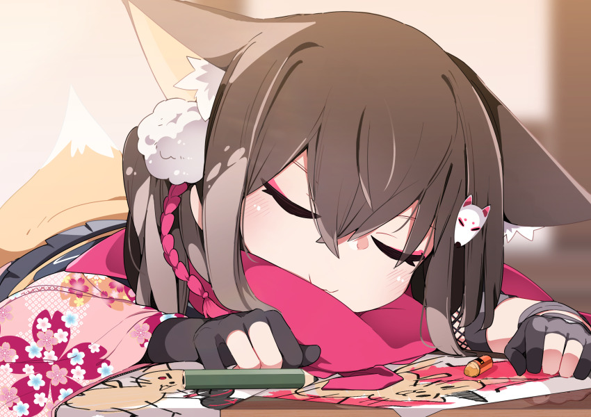 1girl animal_ear_fluff animal_ears black_gloves blue_archive brown_hair child&#039;s_drawing closed_eyes closed_mouth fox_ears fox_girl fox_hair_ornament fox_tail gloves hair_ornament highres hstk_mega izuna_(blue_archive) japanese_clothes long_sleeves partially_fingerless_gloves pencil pink_scarf pom_pom_(clothes) pom_pom_hair_ornament scarf short_hair sleeping solo tail