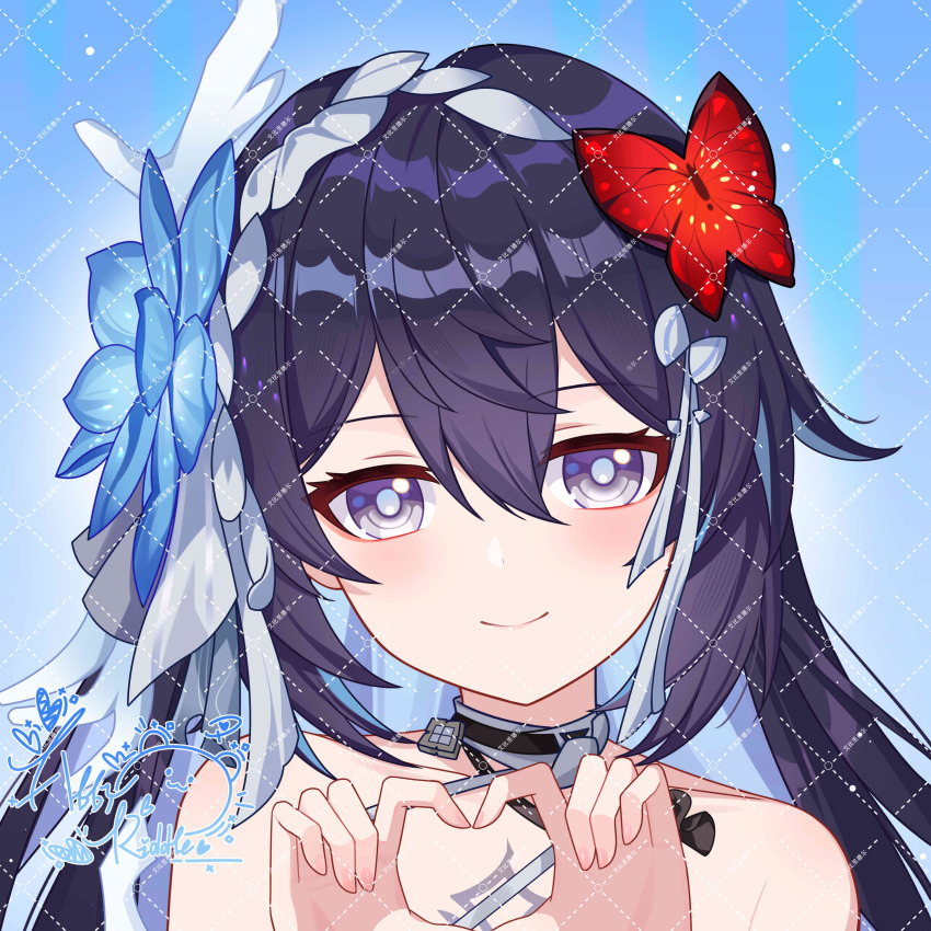 1girl four-finger_heart_hands abby_riddle absurdres artist_logo bare_shoulders blue_background blue_flower blue_hair blue_pupils body_markings bug butterfly butterfly_hair_ornament chinese_commentary closed_mouth colored_inner_hair commentary_request flower hair_between_eyes hair_flower hair_ornament heart heart_hands highres honkai_(series) honkai_impact_3rd insect logo long_hair looking_at_viewer multicolored_hair portrait purple_hair red_butterfly seele_vollerei seele_vollerei_(herrscher_of_rebirth) smile solo white_eyes