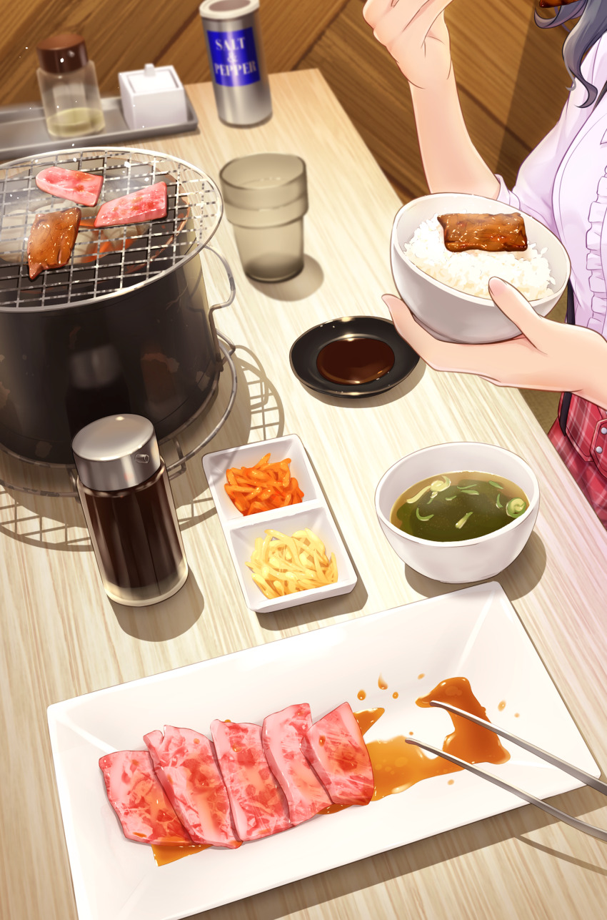 1girl black_hair blurry blurry_background bowl breasts cup food food_focus frilled_shirt frills grill hanazora_satsuki highres holding holding_bowl medium_breasts miso_soup original out_of_frame plaid_clothes plaid_skirt red_skirt rice_bowl shadow shichirin shirt skirt sliced_meat smoke soy_sauce table tissue_box white_shirt wooden_table yakiniku