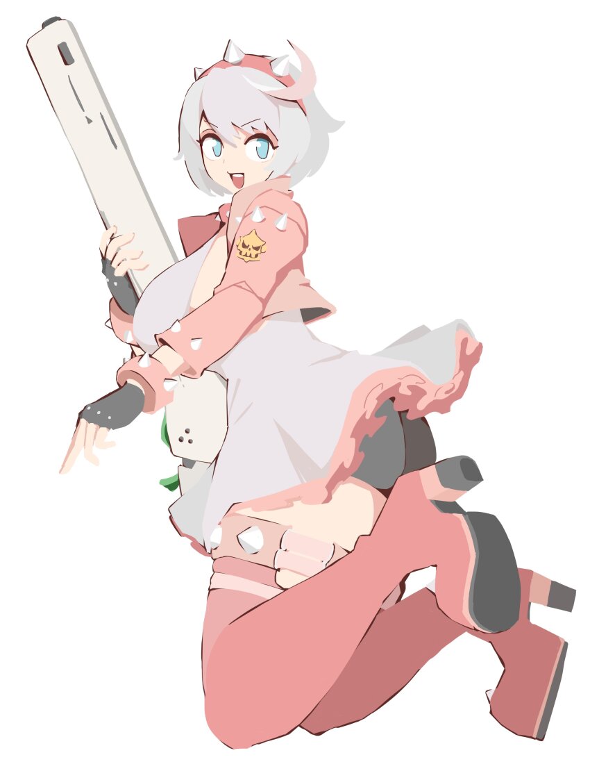 1girl absurdres ahoge ass bamman bike_shorts bike_shorts_under_skirt black_gloves black_shorts blue_eyes boots bracelet breasts collar dress elphelt_valentine frilled_dress frills gloves guilty_gear guilty_gear_strive gun hairband highres holding holding_gun holding_weapon huge_ahoge jacket jewelry large_breasts long_sleeves looking_at_viewer open_mouth pink_boots pink_dress pink_hairband pink_jacket short_hair shorts sideboob smile spiked_bracelet spiked_collar spiked_hairband spikes two-tone_dress weapon white_dress white_hair