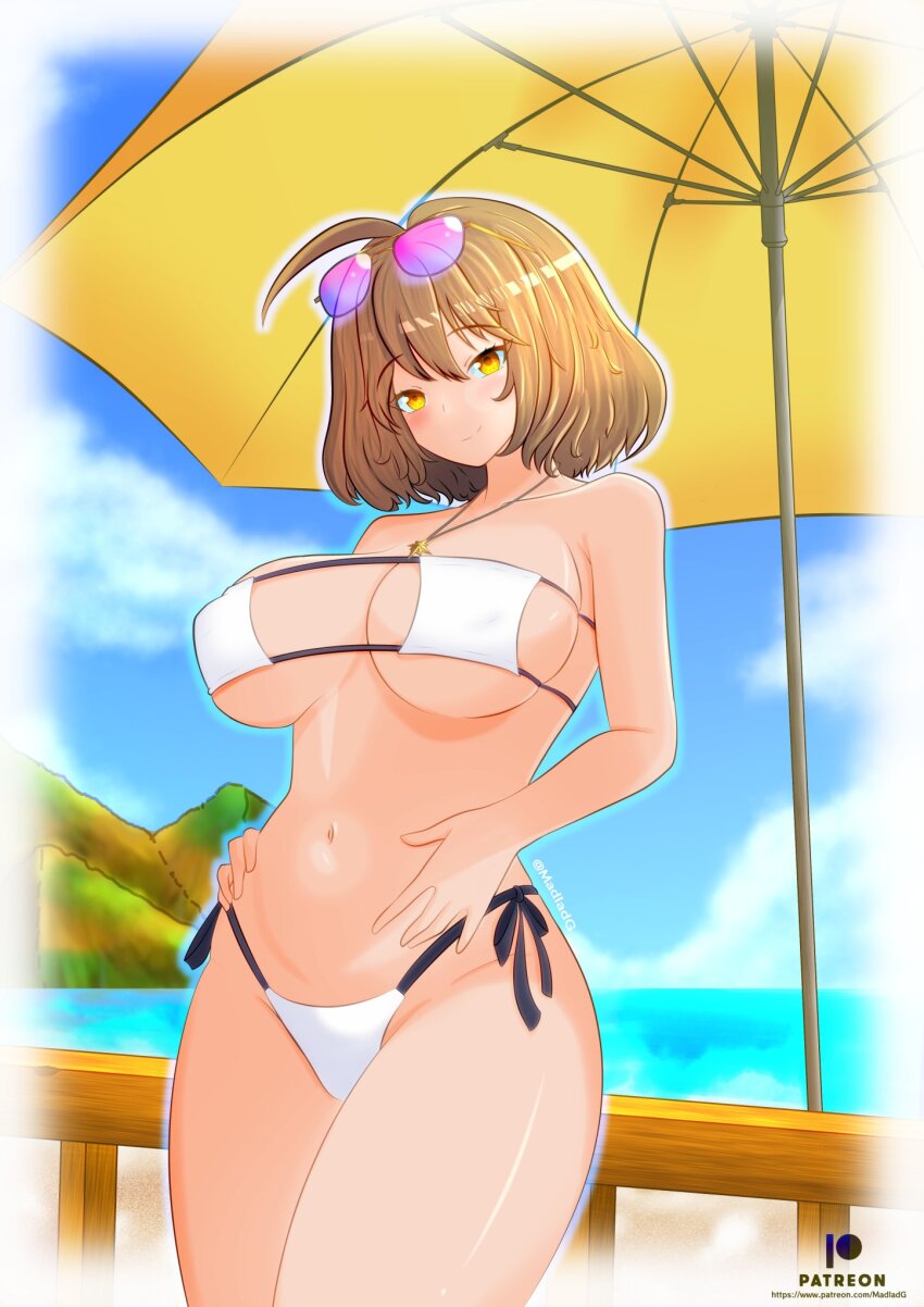 1girl ahoge anis_(nikke) anis_(sparkling_summer)_(nikke) beach_umbrella bikini blue_sky breasts brown_hair closed_mouth cloud cloudy_sky commentary english_commentary eyepatch_bikini eyewear_on_head goddess_of_victory:_nikke highres large_breasts looking_at_viewer madlad_g navel outdoors short_hair sky solo swimsuit umbrella white_bikini yellow_eyes