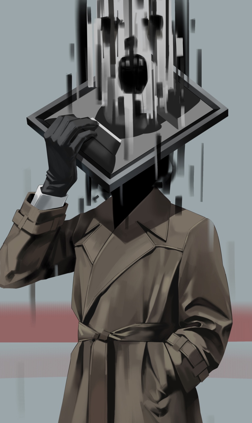 3boys absurdres black_gloves blue_archive bowler_hat brown_coat coat commentary francis_(blue_archive) fromgod_jungle gloves golconda_&amp;_decalcomania_(blue_archive) hat headless highres holding holding_portrait long_sleeves male_focus multiple_boys portrait_(object) trench_coat