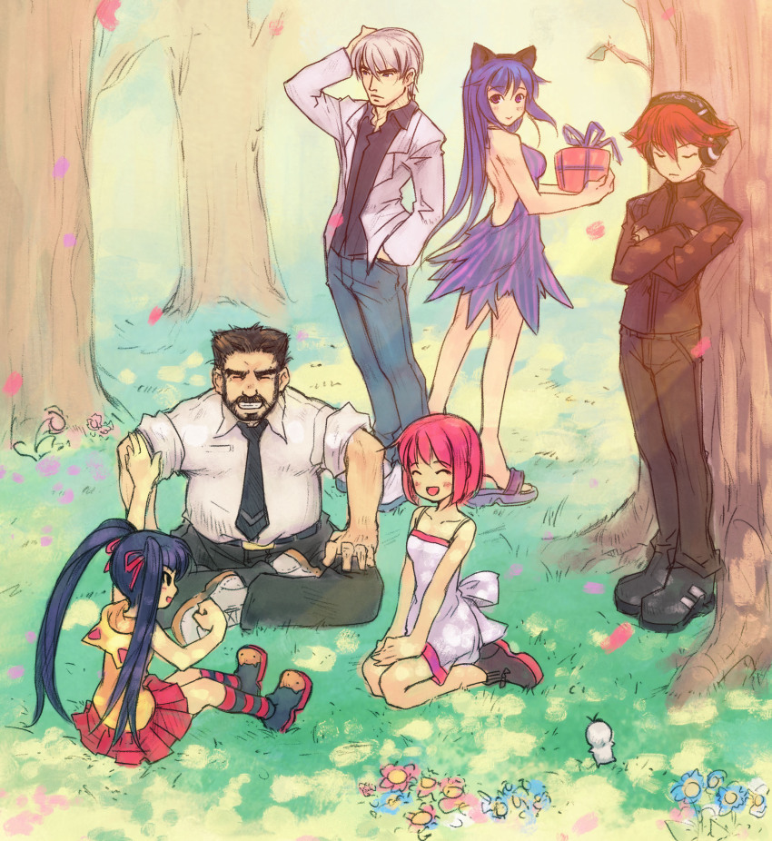 3boys 3girls absurdres alternate_hairstyle animal_ears arin azer back black_hair blue_hair cat_ears dress flower forest hana hana_(pangya) headphones highres kaz kooh legs long_hair looking_back max max_(pangya) miniskirt multiple_boys multiple_girls nature pangya pink_hair pleated_skirt red_hair red_skirt seedark seiza shoes short_hair sitting skirt twintails