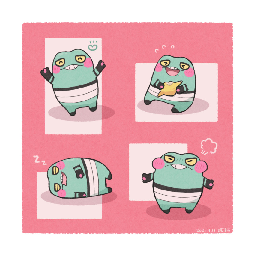 &gt;_&lt; alternate_color angry arm_up berry_(pokemon) croagunk food food_on_face full_body gen_4_pokemon karin_(100100) lying nintendo no_humans nomel_berry on_side open_mouth pokemon pokemon_(creature) puffy_cheeks shiny_pokemon sleeping teeth yellow_eyes zzz