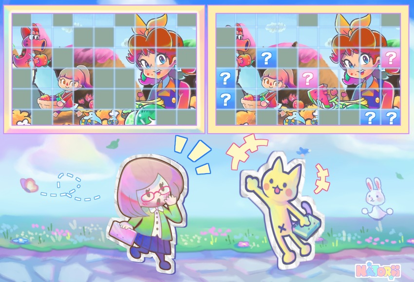 2girls :d :o ? birdo blue_eyes blue_overalls blue_skirt blue_sky blush blush_stickers bow brown_hair bug cat closed_eyes cloud coat day dress earrings flower food fruit glasses gloves grass green_shirt hair_bow handheld_game_console happy highres holding jewelry jigsaw_puzzle long_hair long_sleeves looking_at_another map mario_(series) mario_kart mario_kart_tour medium_hair mii_(nintendo) multiple_girls nat0rii nikki_(swapnote) nintendo nintendo_3ds notice_lines open_mouth outdoors overalls pink_hair ponytail princess_daisy princess_daisy_(farmer) puzzle puzzle_piece rabbit red_trim shirt shoes short_hair sitting skirt sky smile standing super_mario_world_2:_yoshi&#039;s_island swapnote teeth vegetable villager_(animal_crossing) waving