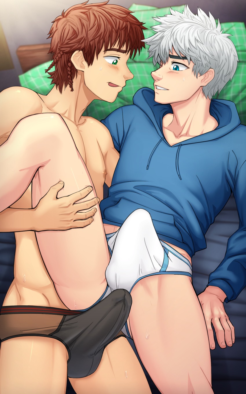 2boys bed bedroom blue_eyes briefs brown_hair bulge crotch erection erection_under_clothes green_eyes hiccup_horrendous_haddock_iii highres how_to_train_your_dragon_(series) how_to_train_your_dragon_1 jack_frost_(rise_of_the_guardians) leg_lift lying male_focus male_underwear multiple_boys pillow rise_of_the_guardians silver_hair spread_legs suiton underwear white_male_underwear yaoi