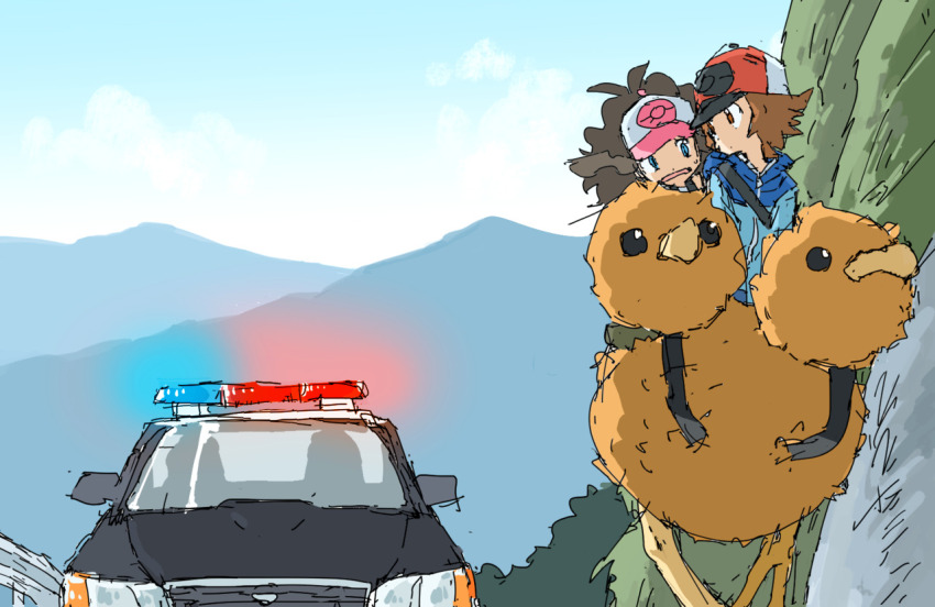 1boy 1girl artist_name backwards_hat black_hair blue_eyes blue_sky brown_hair car chasing cliff cloud cloudy_sky dodrio flashing_light fleeing gen_1_pokemon guard_rail hat hilbert_(pokemon) hilda_(pokemon) motor_vehicle mountain mountainous_horizon nature_background nintendo outdoors pokemon pokemon_bw police_car police_siren riding riding_pokemon running sky unknown_creation_date worried_look