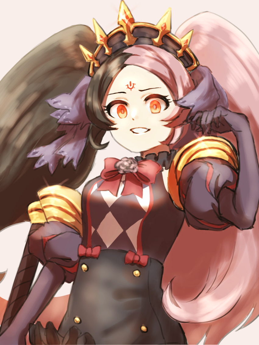 121arumaji6 1girl black_hair chaos_dorloto_(grimms_notes) grimms_notes grin pink_hair smile solo teeth