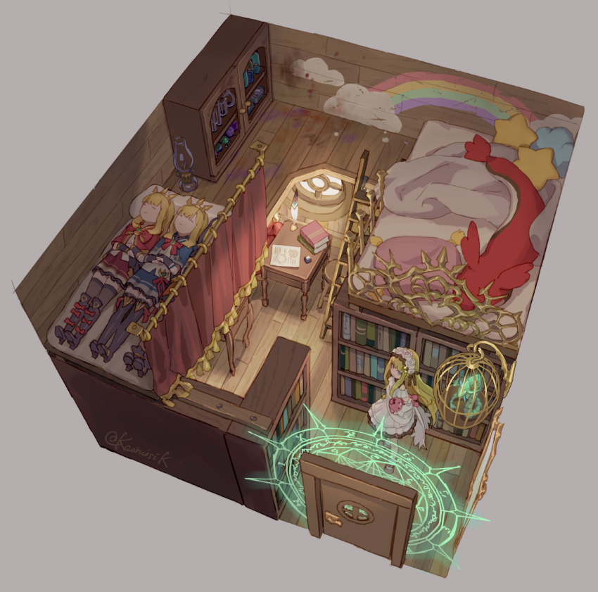 artist_name bed black_thighhighs blanket blonde_hair blue_capelet blunt_bangs book book_stack bookshelf boots bunk_bed cage cagliostro_(dark)_(granblue_fantasy) cagliostro_(granblue_fantasy) capelet chair clone cloud coattails commentary curtains dress fence floorplan frilled_dress frilled_skirt frills granblue_fantasy grey_background head_wreath highres in_cage knee_boots ladder long_hair lying magic_circle multiple_girls official_alternate_costume oil_lamp on_back paper pillow pota_(bluegutty) potion quill rainbow red_capelet shelf sidelocks signature skirt snake star-shaped_pillow stool stuffed_animal stuffed_snake stuffed_toy sunlight teddy_bear thigh_boots thighhighs tiara twitter_username white_dress window