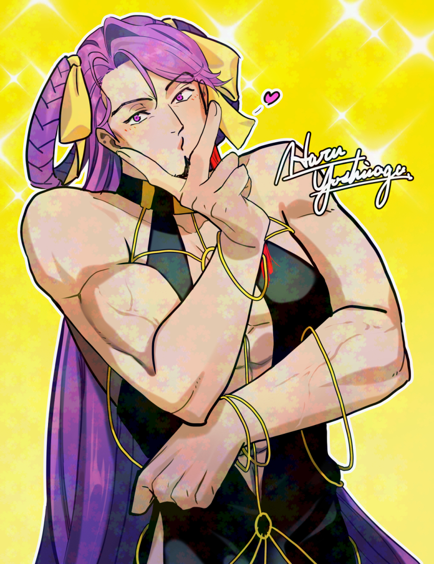 1boy adversarial_noise bara bb_dubai_(fate) bb_dubai_(fate)_(cosplay) black_dress blowing_kiss blush braid braided_hair_rings cosplay cowboy_shot crossdressing dress duryodhana_(fate) earrings fabulous facial_hair fate/grand_order fate_(series) goatee goatee_stubble hair_ribbon hair_rings highres jewelry large_hands long_hair looking_at_viewer male_focus mature_male muscular muscular_male paid_reward_available pectorals purple_eyes purple_hair ribbon solo stubble thick_eyebrows veins veiny_arms yellow_ribbon yoshinaga_haru