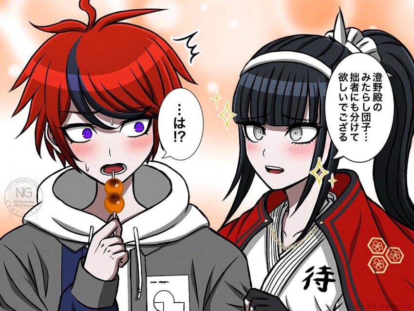 ahoge black_gloves blush chain cloak diamond_(shape) eating fingerless_gloves food gloves gold_chain grey_eyes holding holding_food hood hoodie japanese_clothes japanese_text long_hair magadori_kyoshika messy_hair multicolored_hair open_mouth purple_eyes red_cloak red_hair speech_bubble sumino_takumi teeth the_hundred_line_-last_defense_academy- tongue translation_request upper_body