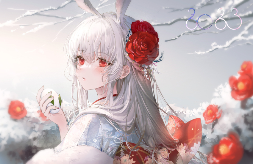 1girl 2023 animal_ears blush bow branch bush camellia chinese_zodiac commentary_request eyelashes floral_print flower hair_between_eyes hair_flower hair_ornament hand_up holding japanese_clothes kimono kinokohime long_hair looking_at_another looking_at_viewer obi original parted_lips portrait print_bow print_kimono print_sash rabbit_ears red_bow red_eyes red_flower red_sash sash seigaiha sidelocks snow snow_rabbit solo upper_body white_hair white_kimono year_of_the_rabbit