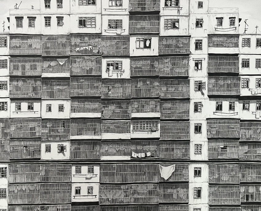absurdres apartment barred_window bed_sheet building from_side greyscale highres ibsukionsen iron_bars landscape monochrome no_humans original scenery window