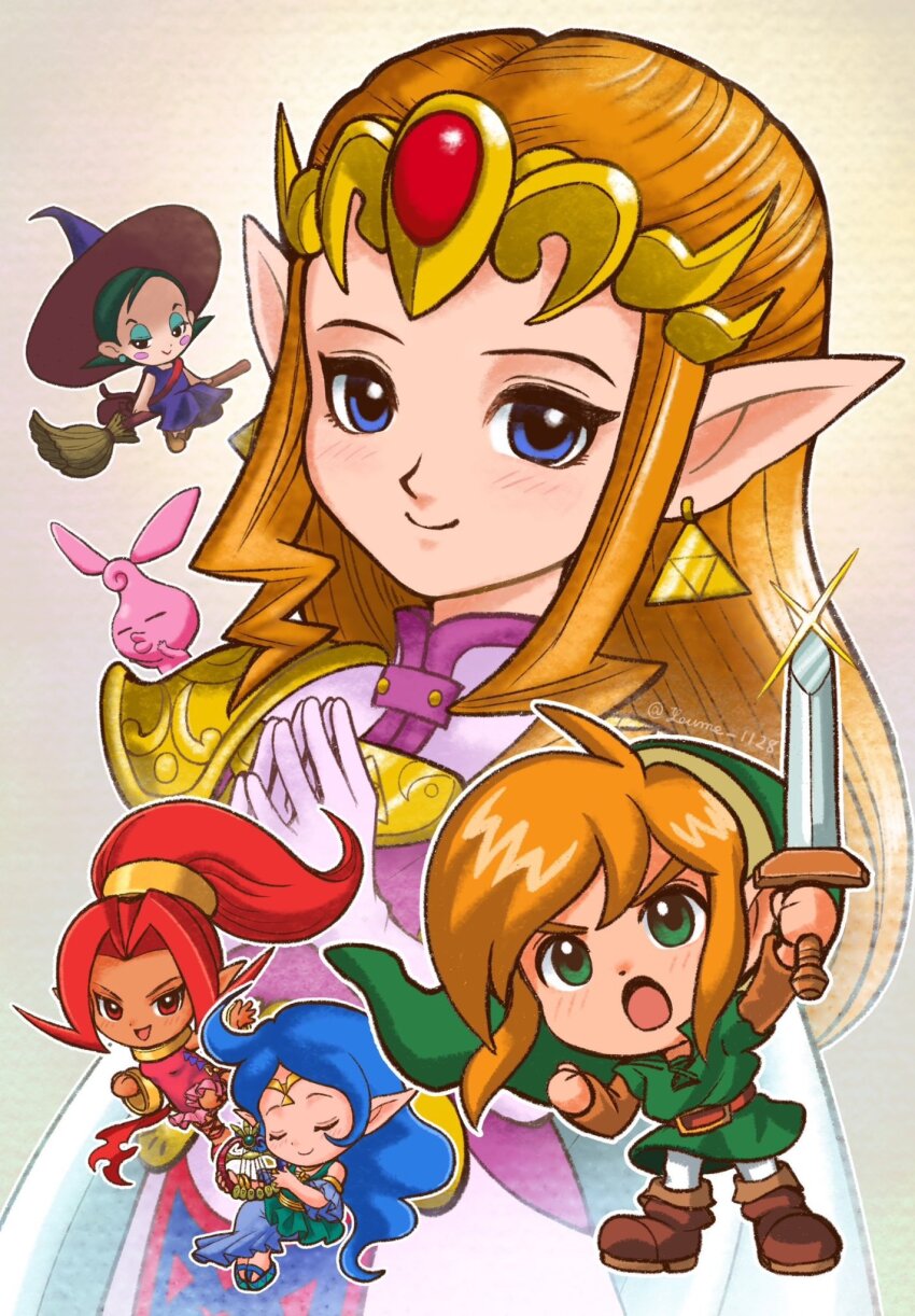1boy 4girls blonde_hair blue_eyes broom broom_riding chibi dark-skinned_female dark_skin din earrings eyeshadow green_eyes green_eyeshadow green_hair green_tunic hair_ornament hat highres jewelry link makeup maple_(zelda) multiple_girls nayru nintendo pointy_ears princess_zelda red_eyes red_hair suruga_kanade the_legend_of_zelda the_legend_of_zelda:_oracle_of_ages the_legend_of_zelda:_oracle_of_seasons tunic witch witch_hat
