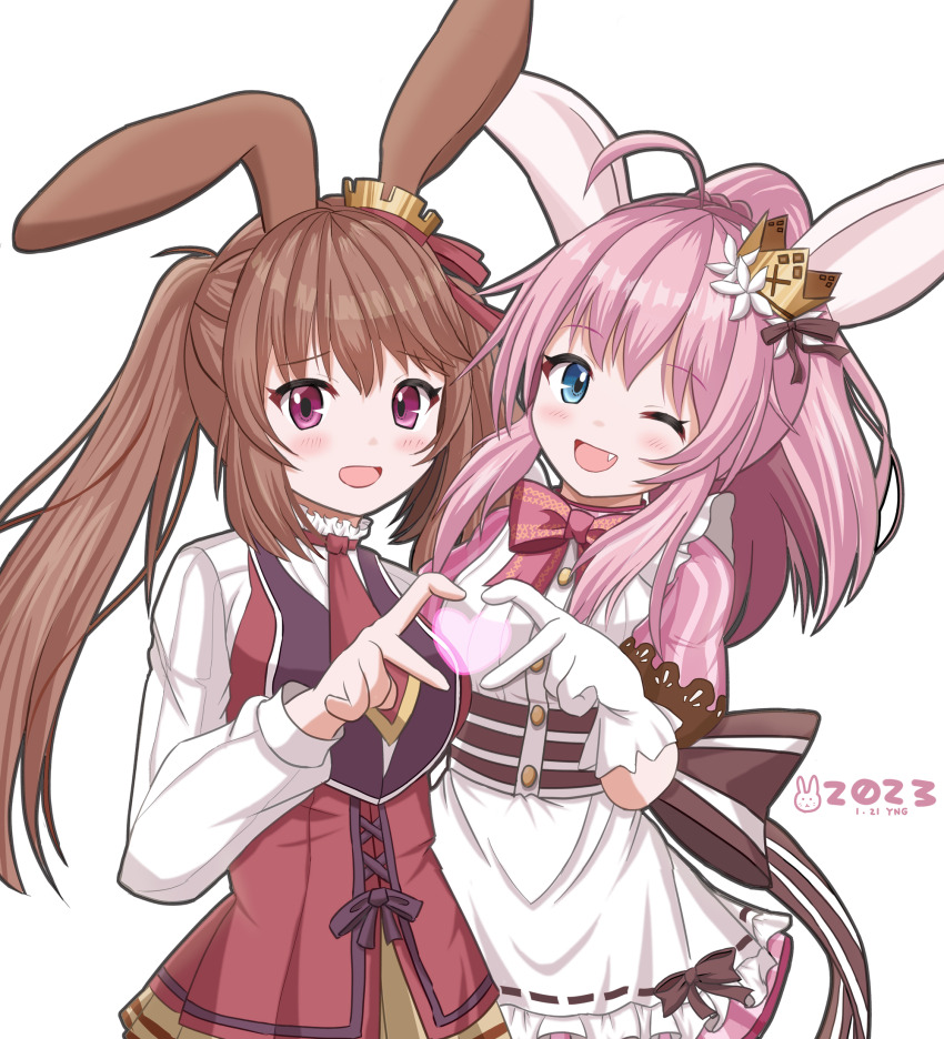 2girls ahoge animal_ears apron blue_eyes brown_hair brown_ribbon cinamon_alma crown dated dress emil_chronicle_online gloves heart heart_hands heart_hands_duo highres long_hair minnie_doe_alma multiple_girls necktie open_mouth pink_dress pink_hair pink_ribbon ponytail purple_eyes rabbit_ears rabbit_girl red_necktie ribbon twintails white_background white_gloves yanapy