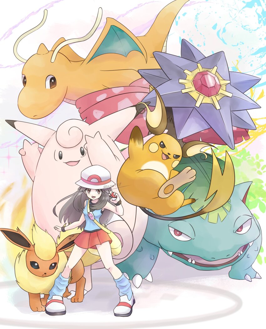 1girl absurdres antennae blue_socks blue_tank_top bright_pupils brown_eyes brown_hair clefable colored_skin dragon dragon_wings dragonite fangs flareon gem gen_1_pokemon green_eyes half-closed_eyes hand_up hat highres holding holding_poke_ball horns leaf_(pokemon) long_hair looking_at_viewer loose_socks nintendo open_mouth orange_fur orange_skin pleated_skirt poke_ball poke_ball_(basic) pokemon pokemon_frlg raichu red_eyes red_gemstone red_skirt single_horn skirt smile snow_(ffgf7255) socks starmie tank_top venusaur white_hat white_pupils wings yellow_bag yellow_fur