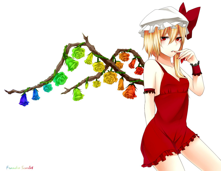1girl aged_up arm_behind_back armband bare_shoulders blonde_hair blue_flower blue_rose character_name collarbone dress female_focus flandre_scarlet flat_chest flower green_flower green_rose hat hat_ribbon highres hyou_haku multicolored_flower multicolored_rose orange_hair purple_flower purple_rose rainbow_order rainbow_text red_dress red_eyes red_flower red_hair red_rose red_skirt ribbon rose short_dress short_hair side_ponytail simple_background skirt solo spaghetti_strap thorns touhou wings wrist_cuffs yellow_flower yellow_rose