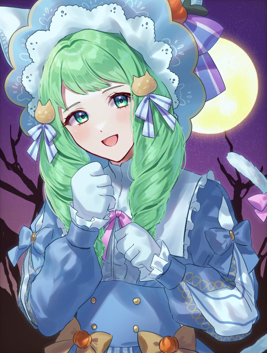 1girl animal_ears cat_ears cat_girl cat_tail fake_animal_ears fake_tail fire_emblem fire_emblem:_three_houses fire_emblem_heroes flayn_(fire_emblem) flayn_(halloween)_(fire_emblem) full_moon green_eyes green_hair highres moon nintendo official_alternate_costume solo tail tomo_shirasu upper_body