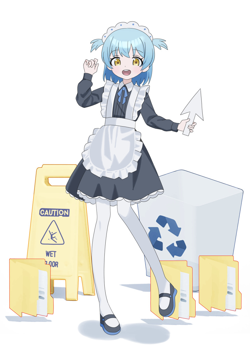 1girl absurdres apron black_dress black_shoes blue_hair blue_ribbon collared_dress commentary_request cursor dress folder frilled_apron frills full_body hand_up highres holding icon_(computing) long_sleeves looking_at_viewer maid maid_apron maid_headdress mary_janes medium_hair neck_ribbon numamomi open_mouth original pantyhose recycle_bin ribbon shoes short_dress simple_background smile solo standing standing_on_one_leg two_side_up wet_floor_sign white_background white_pantyhose yellow_eyes
