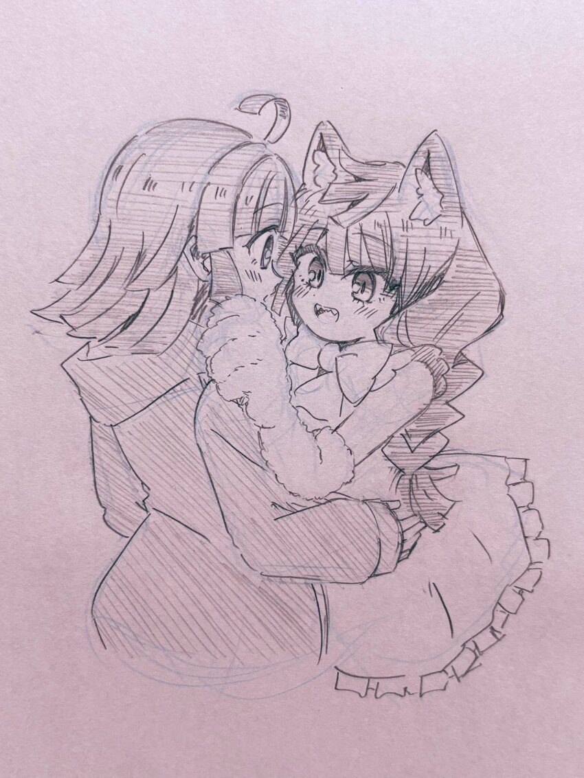 2girls absurdres ahoge animal_ear_fluff animal_ears animal_hands bare_shoulders blunt_bangs blunt_ends blush bow bowtie braid cat_ears cat_girl commentary cowboy_shot cropped_legs dress eye_contact frilled_dress frills fur_gloves gloves graphite_(medium) greyscale hand_on_another&#039;s_shoulder hangyaku_no_nijigasaki hanpen_(love_live!) hatching_(texture) highres hood hooded_jacket jacket kishimen_hair linear_hatching long_sleeves looking_at_another love_live! love_live!_nijigasaki_high_school_idol_club low_twin_braids medium_hair monochrome multiple_girls paw_gloves personification sharp_teeth sleeveless sleeveless_dress sleeves_past_wrists teeth tennoji_rina traditional_media twin_braids uron_(wrongly_18) yuri