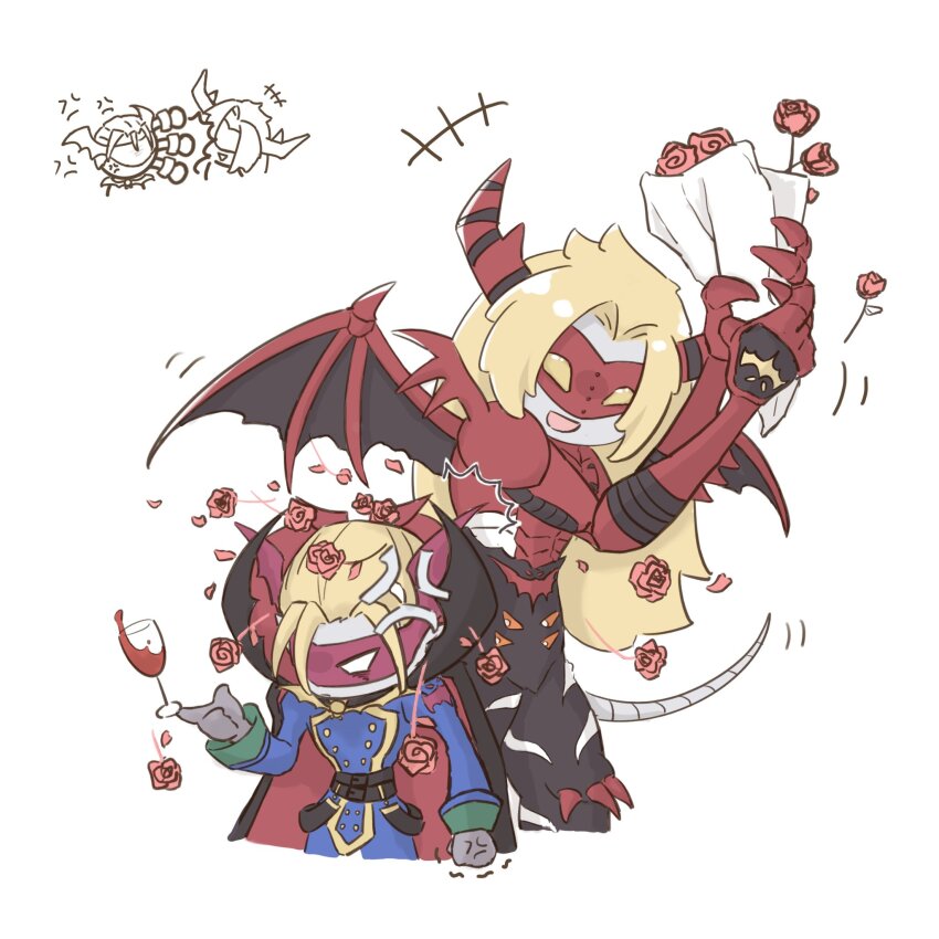 2boys blonde_hair digimon digimon_(creature) highres horns long_hair mask multiple_boys vamdemon venomvamdemon