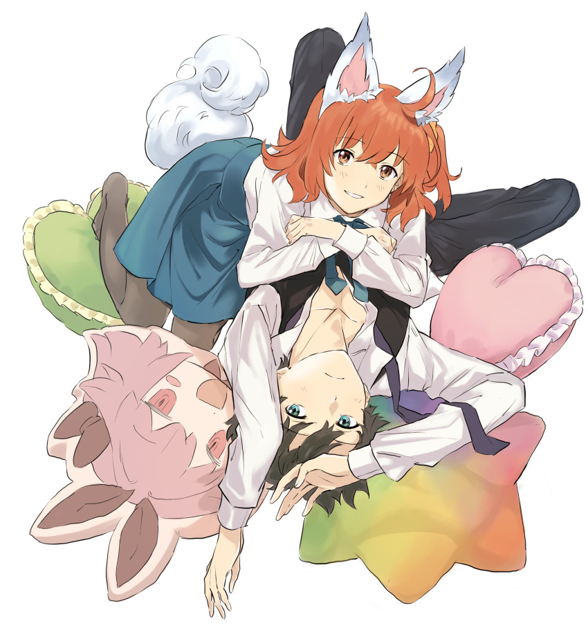 1boy 1girl ahoge animal_ear_fluff animal_ears artoria_pendragon_(fate) astolfo_(fate) astolfo_(saber)_(fate) black_hair black_pants black_vest blue_eyes blue_neckwear blue_skirt blush brown_pantyhose character_pillow closed_mouth commentary_request cosplay fake_animal_ears fake_tail fate/grand_order fate_(series) fou_(fate) fujimaru_ritsuka_(female) fujimaru_ritsuka_(female)_(anniversary_blonde) fujimaru_ritsuka_(male) fujimaru_ritsuka_(male)_(anniversary_blonde) hair_between_eyes heart heart-shaped_pillow highres long_sleeves looking_at_viewer lying lying_on_person morinaga5 official_alternate_costume orange_eyes orange_hair pants pantyhose pillow riyo_(lyomsnpmp)_(style) saber_(fate) saber_(fate)_(cosplay) saint_quartz_(fate) shirt short_hair simple_background skirt smile tail teeth vest white_background white_shirt